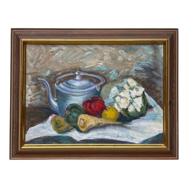 Mid 20th Century Framed Original Tablescape Oil Painting For Sale