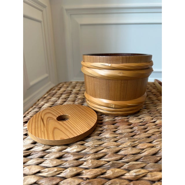 Mid 20th Century Vintage Mid-Century Rattan, Bamboo & Pine Ice, Nut or Candy Bucket With Tongs-Made in Japan For Sale - Image 5 of 18