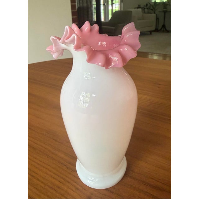 Mid-Century Modern Vintage Fenton Rose Crest Milk Glass Crimped Vase in Pink & White For Sale - Image 3 of 6