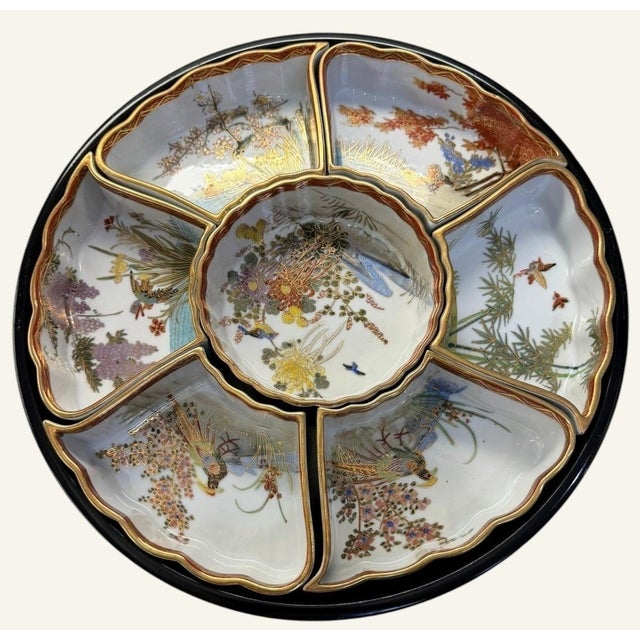 Japanese Vintage Japanese Porcelain 7-Pc Lazy Susan Sweet Meat Set Birds Flowers Gold For Sale - Image 3 of 13