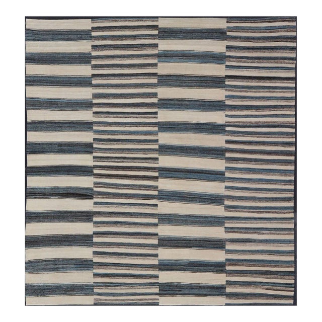 Flat-Weave Kilim Rug With Classic Stripe Design in Blue, Cream, Brown For Sale