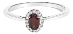 10K White Gold 5X3MM Oval Red Garnet and Diamond Accent Halo Ring (I-J Color, I1-I2 Clarity) - Ring Size 6