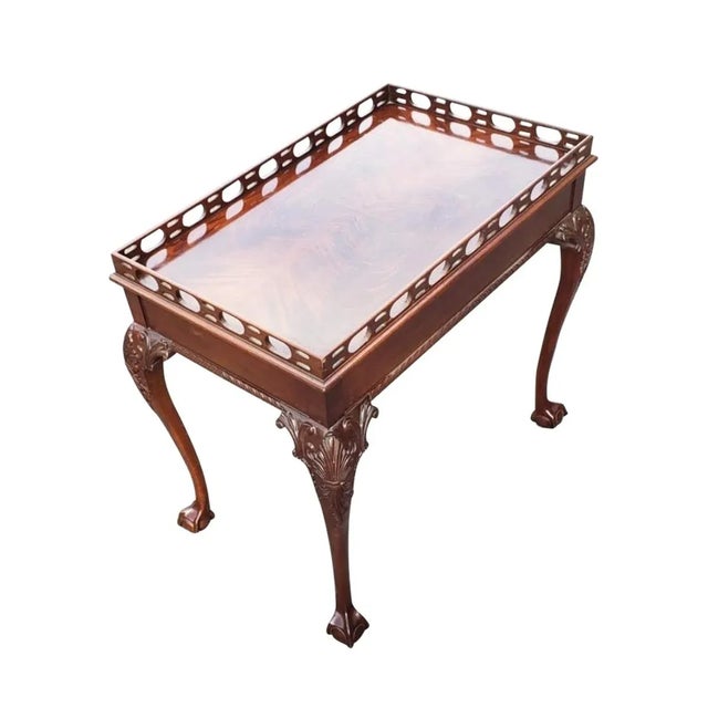 Traditional Council Craftsman Flame Mahogany Tea Table With Gallery Rail For Sale - Image 3 of 4