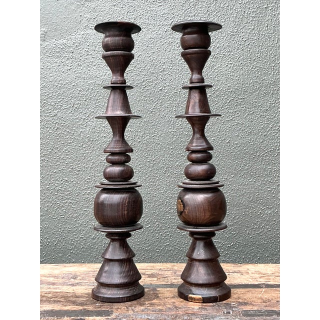 Mid 20th Century Vintage Turned Wood Candlesticks - A Pair For Sale - Image 5 of 12