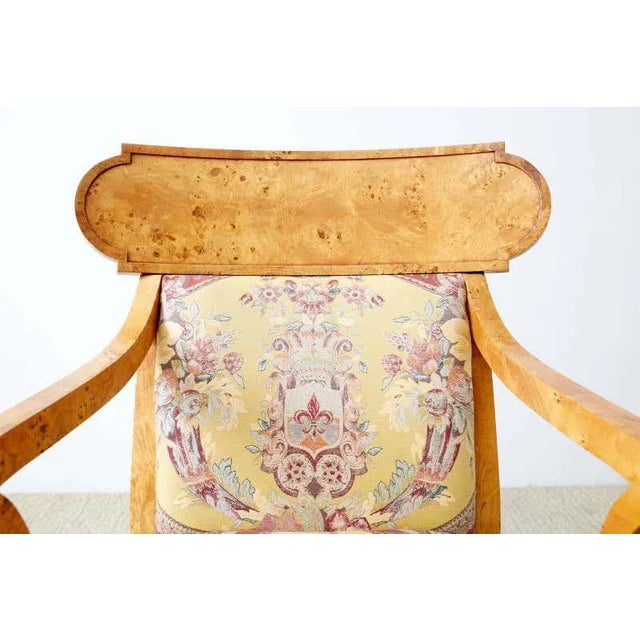 Set of Twelve Baker Regency Style Burl Wood Klismos Armchairs For Sale - Image 9 of 13