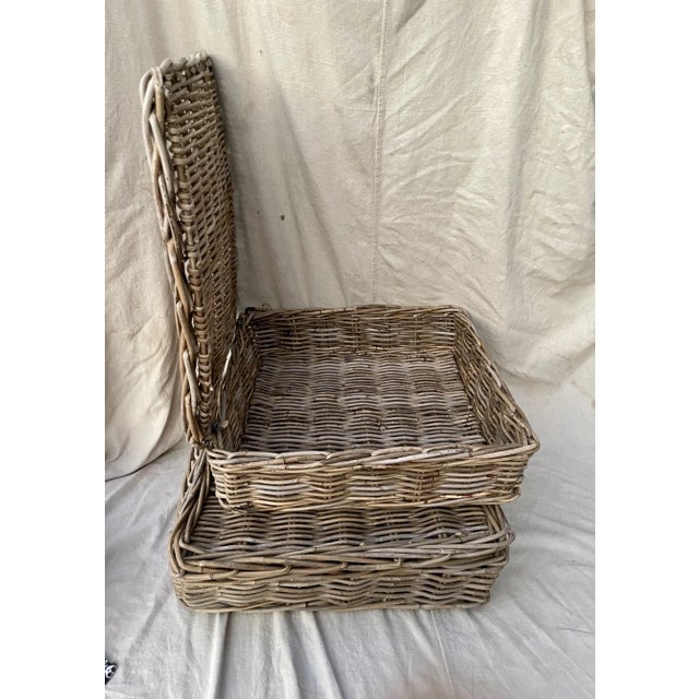 Rustic European Greige Woven Rattan Lidded Basket, Square w/lid that ties on back. perfect for stacking under a console...