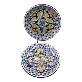 Talavera Hand Painted Serving Plates Made in Puebla Mexico - A Pair For Sale