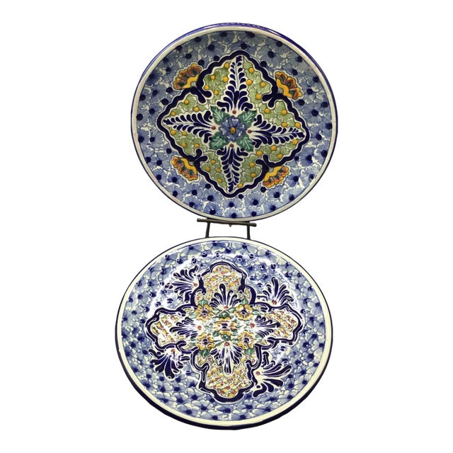 Vintage Talavera Hand Painted Serving Plates Made in Puebla Mexico - a Pair For Sale