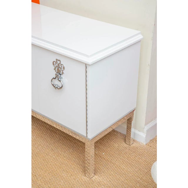 White Vintage Mastercraft Custom Cabinet, Credenza or Buffet With Chrome Plated Over Bronze Hardware Restored Vintage For Sale - Image 8 of 13