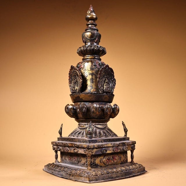 Large Vintage Gilt Bronze Tibetan Stupa - Himalayan Buddhist Chorten Altar Shrine For Sale - Image 4 of 10