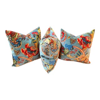 Ian Sanderson Popinjay Printed Velvet Pillows, Set of Three For Sale