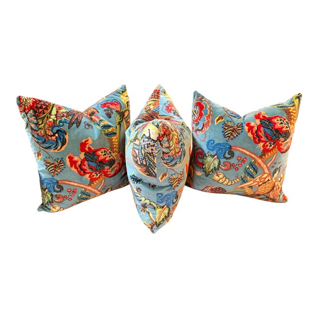 Ian Sanderson Popinjay Printed Velvet Pillows, Set of Three For Sale