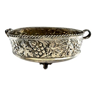 Antique Silver Plate Grape Motif Footed Bowl With Rope Edge and Handles For Sale