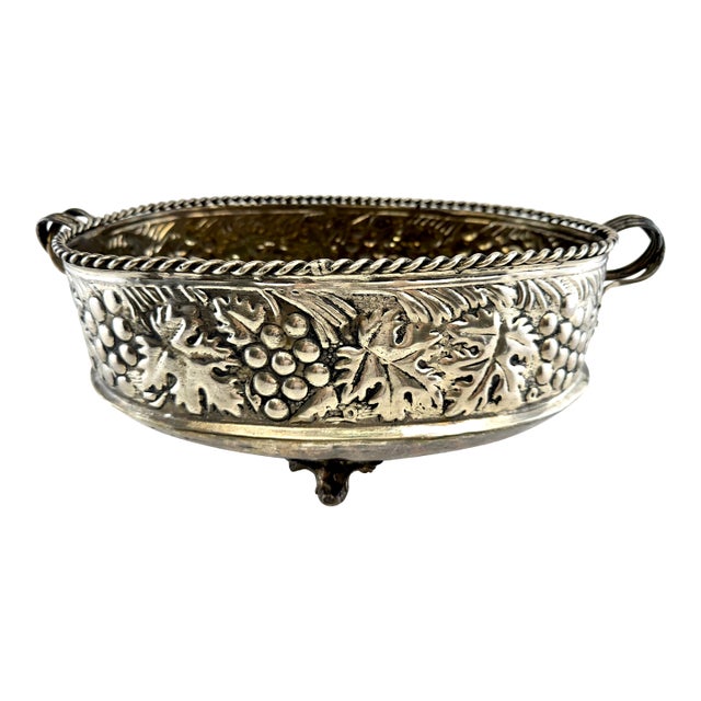 Antique Silver Plate Grape Motif Footed Bowl With Rope Edge and Handles For Sale