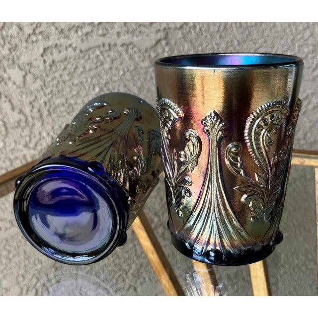 Ink Blue Circa 1969 St. Clair Glass Inverted Fan & Feather Carnival Reproduction Iridescent Glass Tumblers – A Pair For Sale - Image 8 of 18