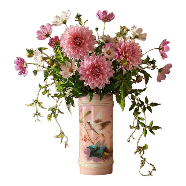Victorian Pink Opaline Glass Vase With Hand-Painted Bird & Botanical Decoration For Sale