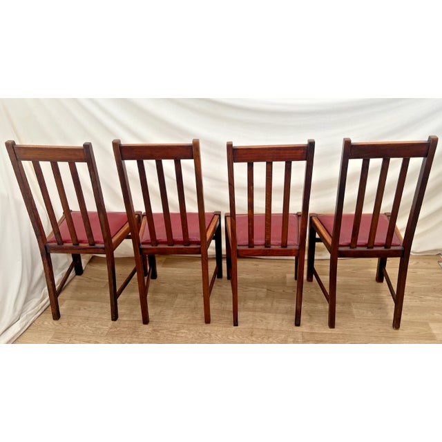 Arts & Crafts Antique Craftsman Chairs Set of Four, Spindle Back Solid Oak, Maroon Vinyl Seats For Sale - Image 3 of 10