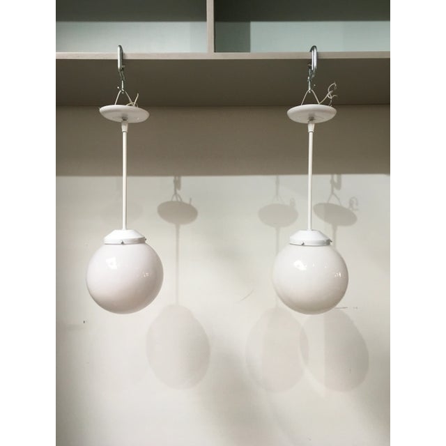 Pair of Mid-Century Modern Feldman Globe Pendant Lights, Los Angeles, Refinished White & Milk Glass For Sale - Image 10 of 11