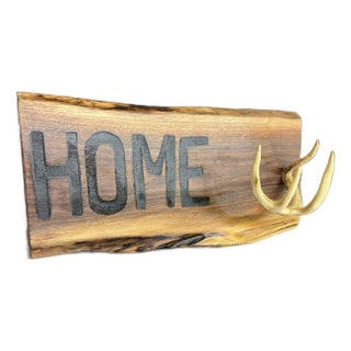 Hand-Branded Walnut Sign With Deer Antler Hanger - Custom Rustic Hanger For Sale