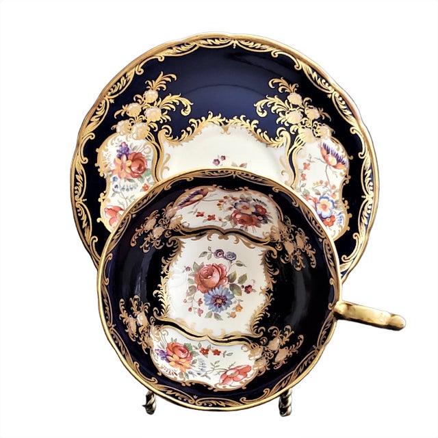 Circa 1940's Aynsley Aristocrat 7700 Cobalt Blue Hand-Painted Bone China Footed Teacup and Saucer, Made in England For Sale In Austin - Image 6 of 11