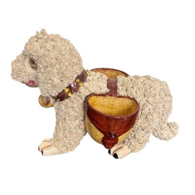 1990s Mid-Century Faience Spaghetti Glaze St. Bernard Planter & Match Holder With Saddlebags For Sale - Image 5 of 12
