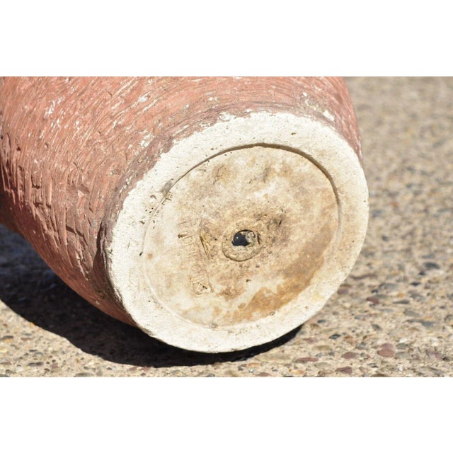 Plastic Pair of Vtg Red Distress Painted Fiberglass Round Garden Planter Pots Faux Stone For Sale - Image 7 of 9
