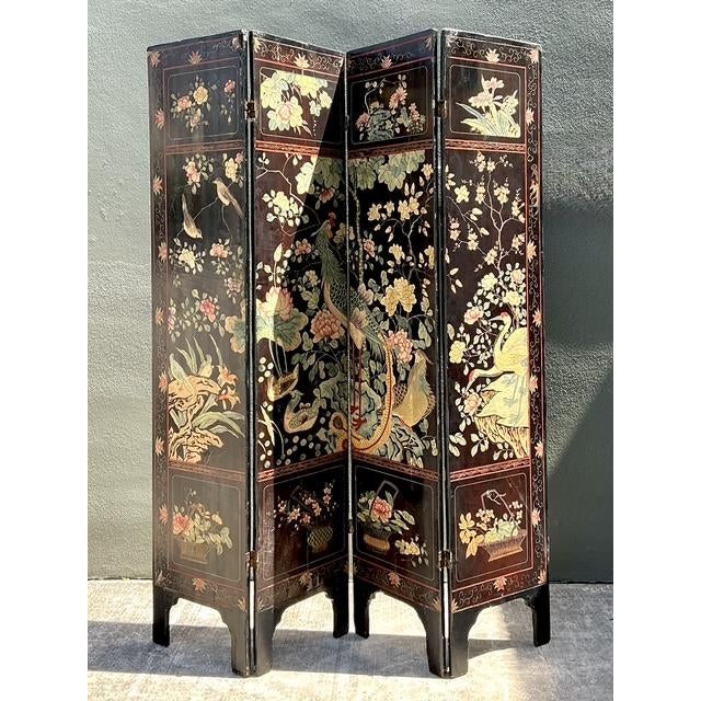 Vintage Chinoiserie Four Panel Folding Screen For Sale In West Palm - Image 6 of 12