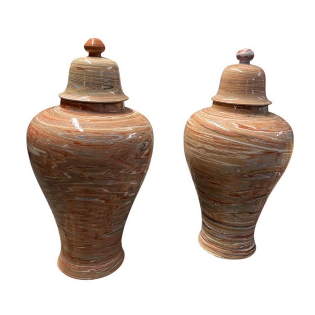 Vintage Pair of Swirled Marbled Glaze Ceramic Temple Jars With Lids For Sale - Image 4 of 12