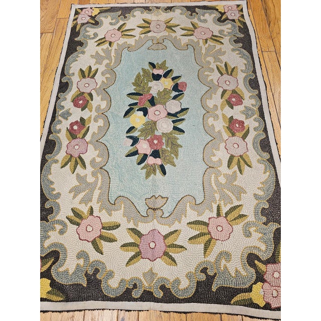 Gray Vintage American Hand Hooked Rug, Wool & Cotton, Floral Pattern, Folk Art, 4x6 For Sale - Image 8 of 15