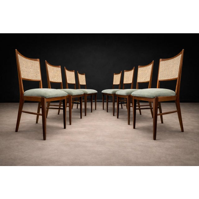 1960s Set of Eight Brazilian Modern Dining Chairs in Caviúna, Cane & Sage Chenille, 1960s For Sale - Image 5 of 15
