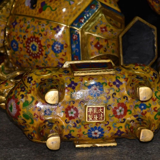 Pair of Large Vintage Chinese Cloisonne Gilt Bronze Censers, Ram Bases & Phoenix Handles For Sale In Los Angeles - Image 6 of 9