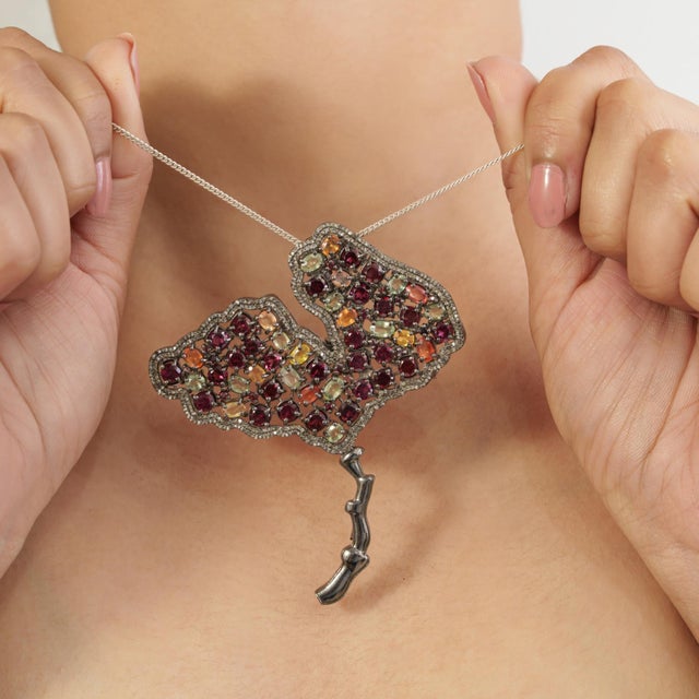 Tutti Frutti 8Ct Multi Gem & Diamond Ginkgo Leaf Brooch Pendant in Oxidized Sterling Silver For Sale - Image 6 of 14