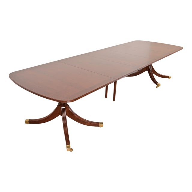 Smith & Watson Georgian Banded Cherry and Burl Wood Double Pedestal Extension Dining Table, Newly Refinished For Sale