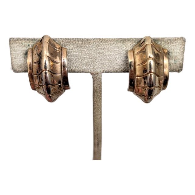 Vintage 1948 Signed Crown Trifari Alfred Philippe Goldtone Clip Earrings-2 Pieces For Sale