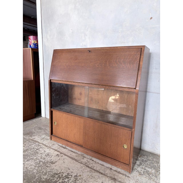 Wood Mid-Century Oak Bureau Cabinet with Sliding Doors, 1960s For Sale - Image 7 of 10