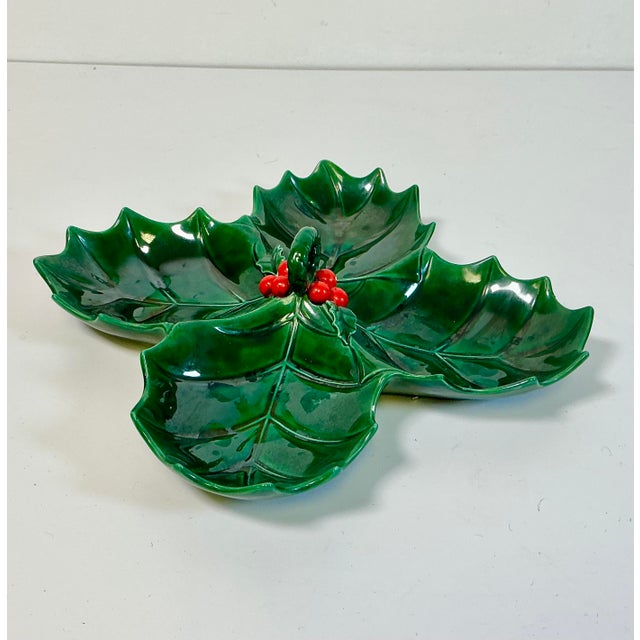 Mid 20th Century Americana Folk Art Ceramic Divided Christmas Holly Dish For Sale - Image 6 of 10