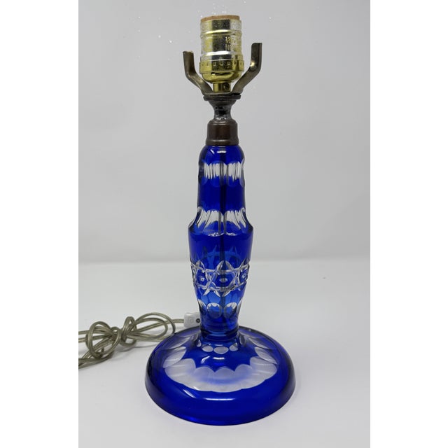 Vintage Bohemian-Style Cobalt Blue Cut-to-Clear Glass Table Lamp For Sale - Image 4 of 8