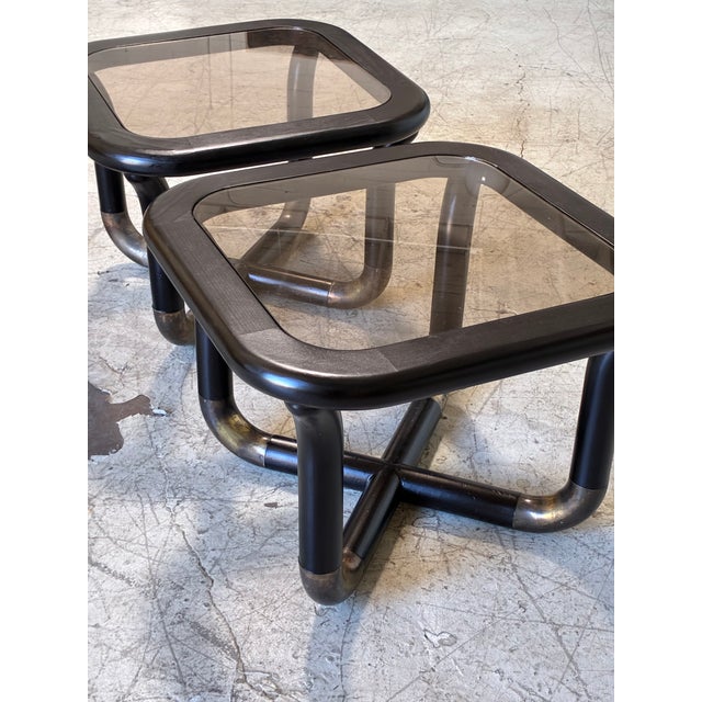 Mid-Century Modern Vintage Bold Black and Brass Side Tables With Smoked Glass - A Pair For Sale - Image 3 of 6