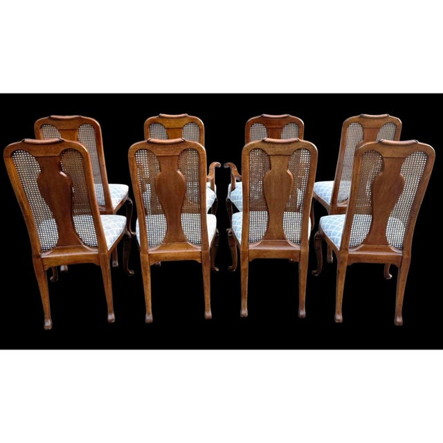 This Set of 8 Vintage Queen Anne Solid Walnut & Cane Dining Chairs Attributed to John Stuart for Mount Airy Furniture os...