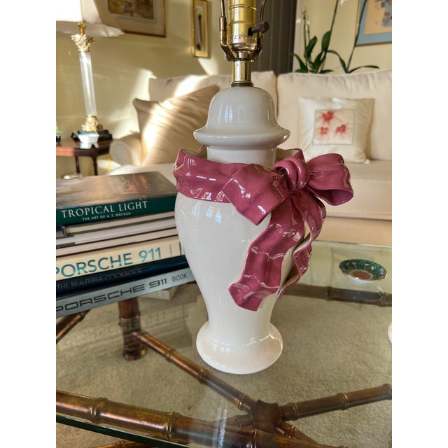 1980s Pair of Authentic BetLar Inc. White Ceramic With Pink Ribbon Bow Table Lamps For Sale - Image 4 of 6