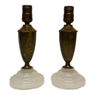 Small Brass Urn Table Lamps With Opal Glass Bases a Pair For Sale