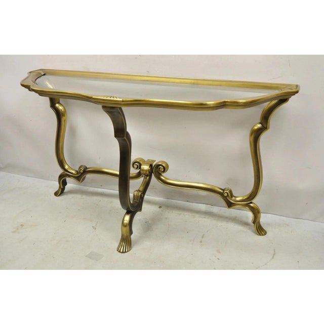 Vintage Italian Brass Hollywood Regency Glass Top Console Sofa Hall Table. Item features burnished brass finish, metal...