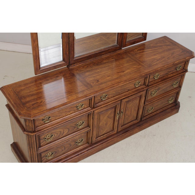 Thomasville Oak Long Dresser W. Trifold Mirror For Sale - Image 12 of 18