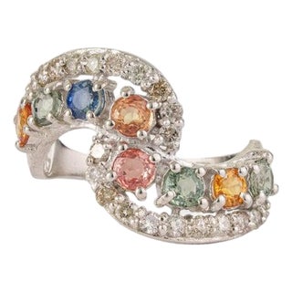 925 Sterling Silver Open Wrap Ring With Multi-Sapphires & Diamonds, Size 6 For Sale