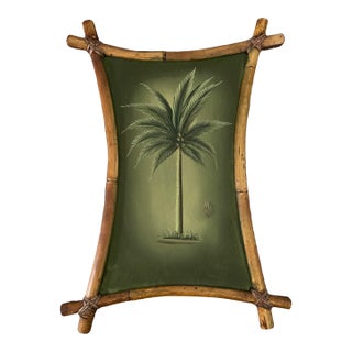 Vintage Mid Century Palm Painting on Wood With Cane Frame For Sale