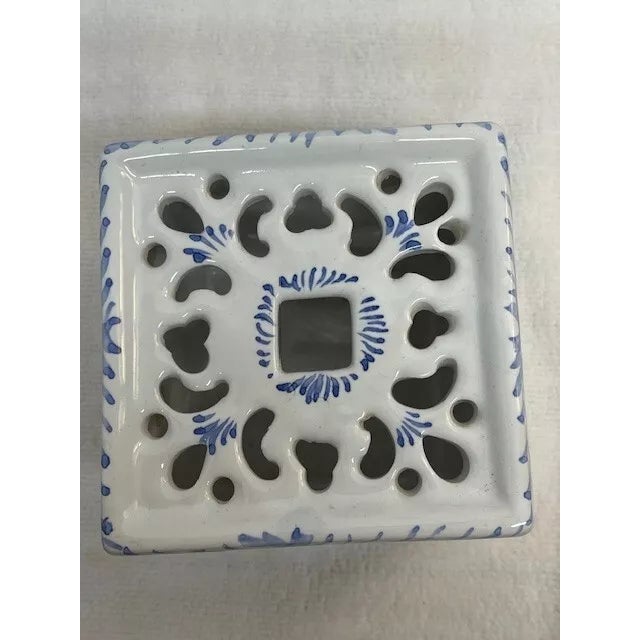 Vintage Portugal Blue & White Flower Frog Vase For Sale - Image 4 of 5