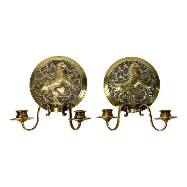 Antique Bronze Lion Crest Electrified Wall Sconces, a Pair For Sale