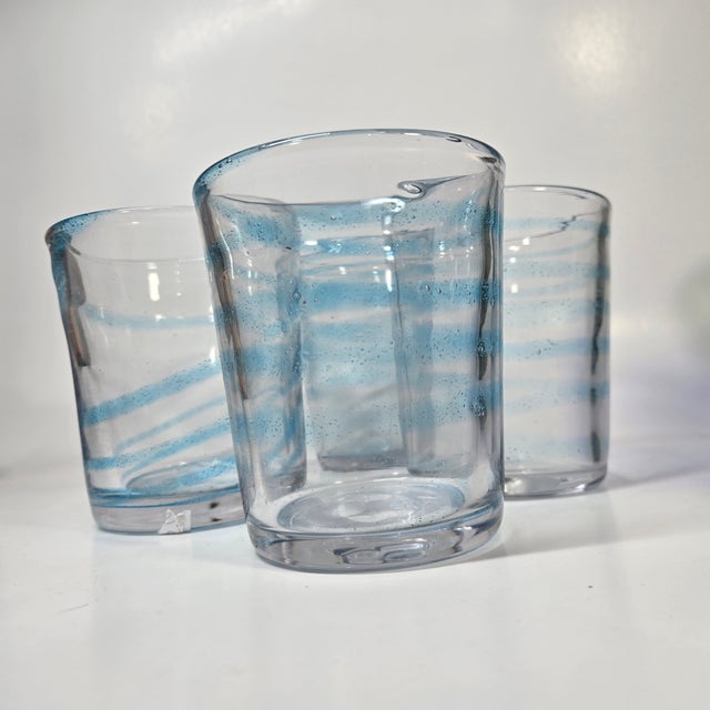 Glass Baby Blue Bubbled Swirl Lowballs- Set of Four For Sale - Image 7 of 15