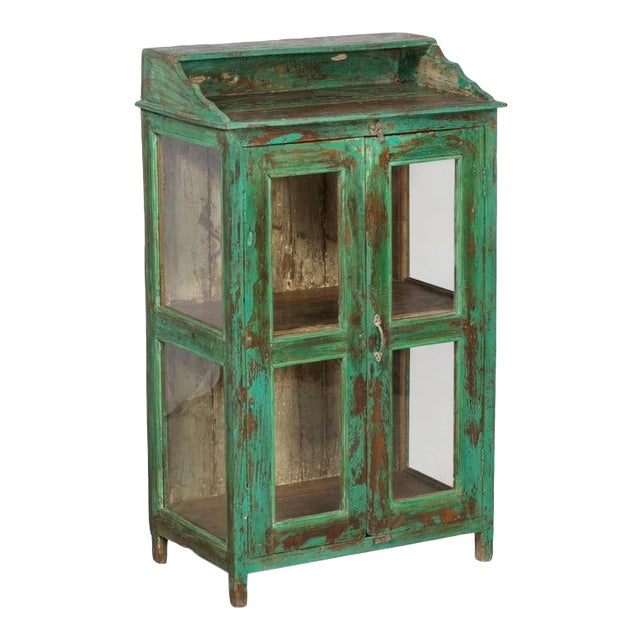 Rustic Green Teak And Glass Display Cabinet Chairish