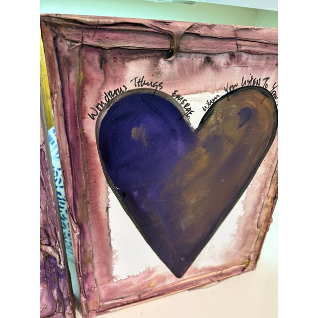 Vintage Abstract Contemporary Folk Art Mixed Media Heart Signed Paintings – Collection of Three For Sale In Miami - Image 6 of 13